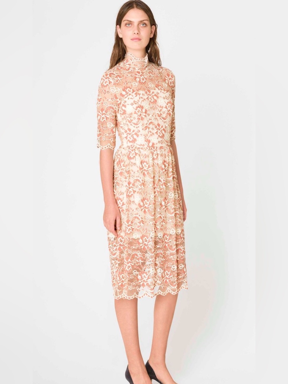 GANNI Adelaide Lace Dress Beige/Cream  Floral High Neck Size M